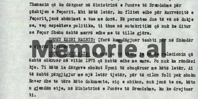 Ramiz Alia: “Kadri, në informacionin që përmendi shoku Enver, për Vullnet Thanasin, nipin e shokut Hysni, flitet edhe për kurvëritë e Feçorit, si p.sh.,…”! / Debatet në mbledhjen e Byrosë, 8 tetor ‘82