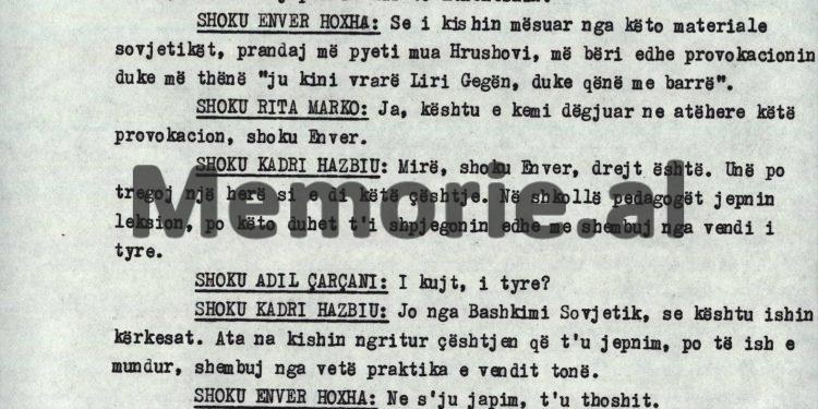 “Kadri, dokumentet që ju i dhatë KGB-së sovjetike, i pa Hrushovi, që më provokoi, duke më thënë: Ju keni vrarë Liri Gegën, me barrë’ dhe…”/ Debatet e Enver Hoxhës në Byro, 8 tetor ‘82