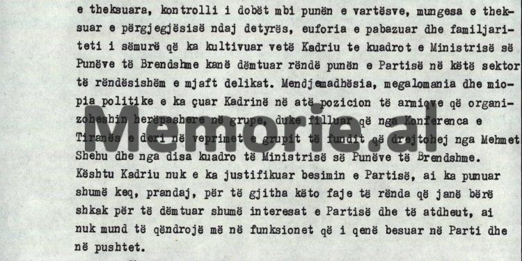 “Vendosja në poste të rëndësishme të disa kuadrove në Ministrinë e Mbrojtjes, të cilët ishin ekspozuar jashtë me agjenturën dhe që diheshin nga Kadriu, siç ishin…”/ Debatet në Byro, 8 tetor ‘82