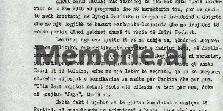 “Unë e thirra Kadrinë, por ai më tha: t’ja lëmë armikut Mehmet Shehu, atë cilësim që bëri për mua, duke më quajtur Jago dhe…”! / Debatet e Enveri në Byro, 8 tetor ‘82