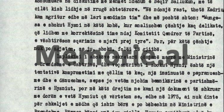“Që kur ishte Feçor Shehu në Peshkopi, Partia e ka sinjalizuar Kadriun, për imoralitetin e tij, mirpo, ai me dorën e tij ka shkruar…”/ Akuzat e Enverit mbledhja e Byrosë, 8 tetor ‘82