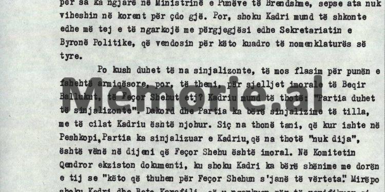 “Që kur ishte Feçor Shehu në Peshkopi, Partia e ka sinjalizuar Kadriun, për imoralitetin e tij, mirpo, ai me dorën e tij ka shkruar…”/ Akuzat e Enverit mbledhja e Byrosë, 8 tetor ‘82