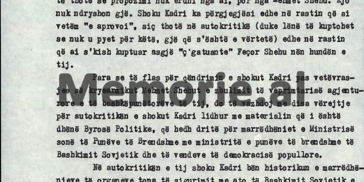 “Që kur ishte Feçor Shehu në Peshkopi, Partia e ka sinjalizuar Kadriun, për imoralitetin e tij, mirpo, ai me dorën e tij ka shkruar…”/ Akuzat e Enverit mbledhja e Byrosë, 8 tetor ‘82