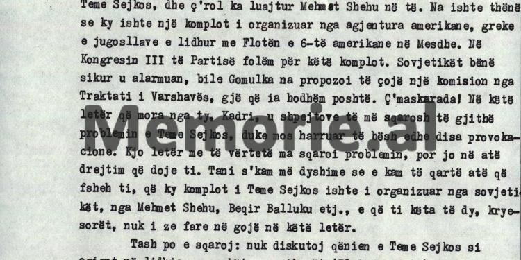 “Teme Sejko ka deponuar për Panajot Plakun, që ky erdhi ilegalisht nga Konispoli, deri në Pashaliman, në një shtëpi ku ishte oficeri sovjetik, me…”/ Debatet e Enveri në Byro, tetor ‘82