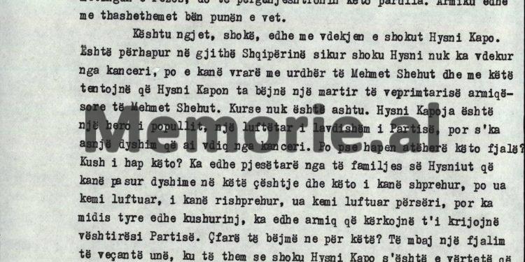 “Është përhapur lajmi kudo, sikur shoku Hysni, një ‘Hero i Popullit’ dhe luftëtar i lavdishëm, nuk ka vdekur nga kanceri, por e kanë eliminuar me urdhër të…”/ Debatet e Enverit në Byro, 8 tetor ‘82