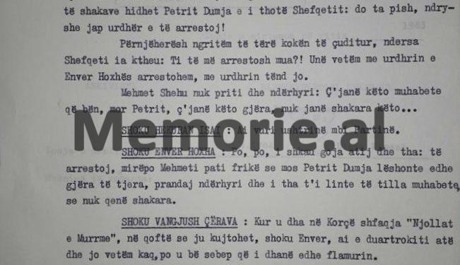 “Kur na thirri Mehmeti në një darkë në shtëpi, Petrit Dume i tha Shefqetit se; do jap urdhër të arrestoj, kurse Mehmeti, ndërhyri…”/ Enver Hoxha, në mbledhjen e Byrosë, janar ‘82