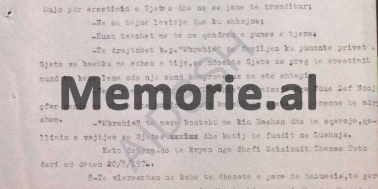 “Të merren masa shumë të rrepta që, pas arrestimit, Gjet Kadelin, të lidhur ta çojmë në shtëpi, për kontrollin e banesës së tij dhe…”/ Udhëzimi i kryetarit të Degës së Brendshme të Krujës, gusht 1972