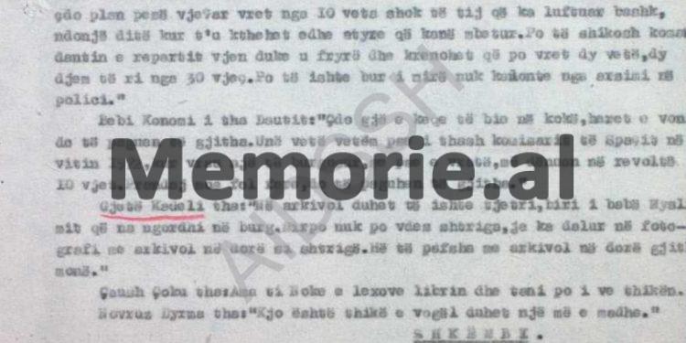 Denoncimet e B.p. “Shkëmbi”, burgu i Burrelit, ’83: /“Gjet Kadeli, Daut Gumeni, Kapllan Resuli, Bebi Konomi, Luan Burimi, Skënder Shatku, etj., flasin kundër udhëheqësit të partisë, duke thënë…”