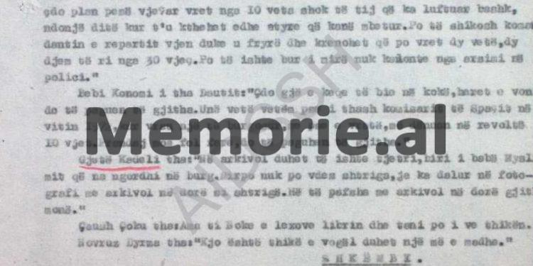 Denoncimet e B.p. “Shkëmbi”, burgu i Burrelit, ’83: /“Gjet Kadeli, Daut Gumeni, Kapllan Resuli, Bebi Konomi, Luan Burimi, Skënder Shatku, etj., flasin kundër udhëheqësit të partisë, duke thënë…”