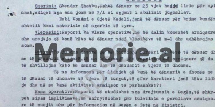 Denoncimet e B.p. “Shkëmbi”, burgu i Burrelit, ’83: /“Gjet Kadeli, Daut Gumeni, Kapllan Resuli, Bebi Konomi, Luan Burimi, Skënder Shatku, etj., flasin kundër udhëheqësit të partisë, duke thënë…”