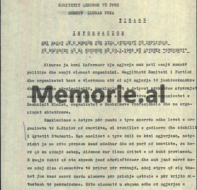 Dokumentet sekrete të ngjarjes së 20 marsit 1989, në konviktin e vajzave të Institutit të Arteve në Qytetin “Studenti”, që alarmoi udhëheqjen dhe u përjashtuan pesë studente nga shkolla
