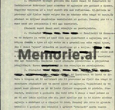 Dokumentet sekrete të ngjarjes së 20 marsit 1989, në konviktin e vajzave të Institutit të Arteve në Qytetin “Studenti”, që alarmoi udhëheqjen dhe u përjashtuan pesë studente nga shkolla