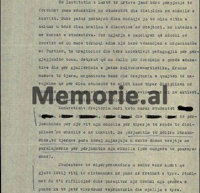 Dokumentet sekrete të ngjarjes së 20 marsit 1989, në konviktin e vajzave të Institutit të Arteve në Qytetin “Studenti”, që alarmoi udhëheqjen dhe u përjashtuan pesë studente nga shkolla