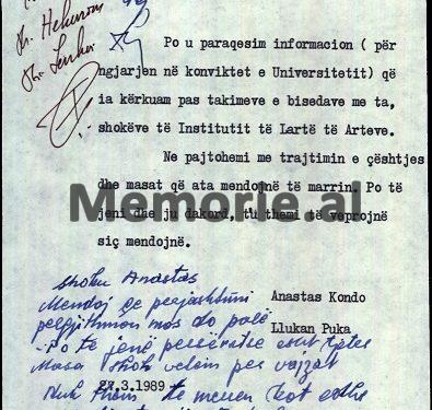 Dokumentet sekrete të ngjarjes së 20 marsit 1989, në konviktin e vajzave të Institutit të Arteve në Qytetin “Studenti”, që alarmoi udhëheqjen dhe u përjashtuan pesë studente nga shkolla