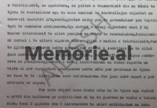 “Ja sa agjentë dhe informatorë kemi në Radio e Televizion dhe redaksitë ku i kemi shpërndarë, me qëllim që të zbulojmë….”/ Relacioni i Drejtorit të Sigurimit për RTSH-në, gusht ‘81