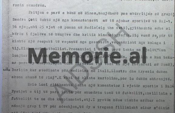 Secret Security report: “The well-known Italian RAI football commentator, Sandro Çoti, asked us for Comrade Enver’s speech, held in front of his constituents”/ Albania-Italy match of Shpresa teams, March ’84
