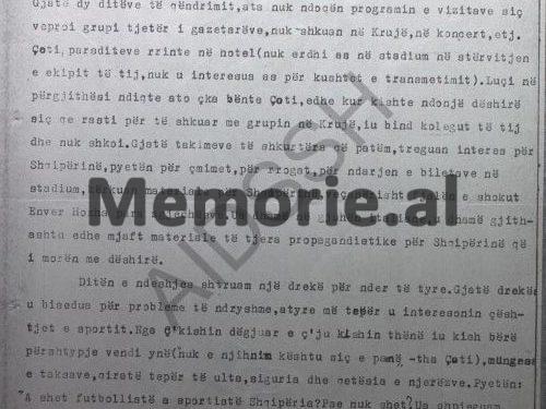 Secret Security report: “The well-known Italian RAI football commentator, Sandro Çoti, asked us for Comrade Enver’s speech, held in front of his constituents”/ Albania-Italy match of Shpresa teams, March ’84