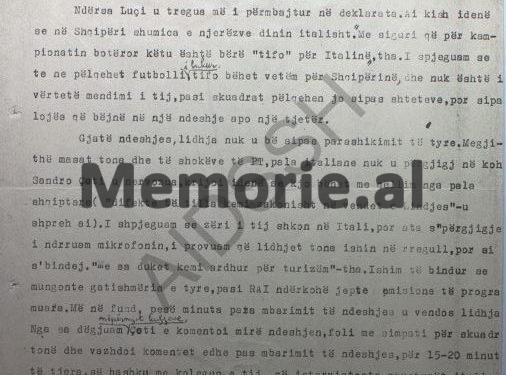 Secret Security report: “The well-known Italian RAI football commentator, Sandro Çoti, asked us for Comrade Enver’s speech, held in front of his constituents”/ Albania-Italy match of Shpresa teams, March ’84