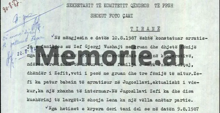 Letra sekrete për Foto Çamin: “Si na u arratisën për në Jugosllavi, dy familjet me 17 persona, nga Vermoshi, pasi ata…”?! / Relacioni i Kryetarit të Hetuesisë së Përgjithshme, 10 gusht 1987