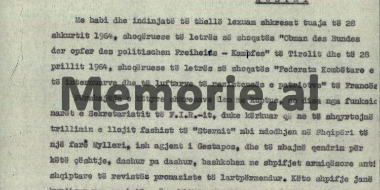“Hajnrih Myler, ka mundur të fshihet deri më sot dhe tani ka një post me rëndësi, në policinë sekrete shqiptare, me emrin…”/ Letra e kreut të Federatës Ndërkombëtare të Veteranëve të Luftës, Paris 1964