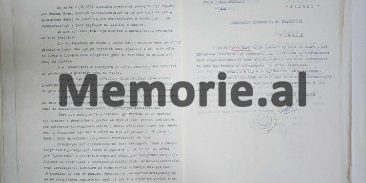 “Shoku Hysni Kapo është operuar dy herë gjatë 12 ditëve dhe pas operacionit të dytë, pati një humbje të ndërgjegjes, me kriza, ku si rezultat…”/ Raportet sekrete të drejtorit të klinikës speciale, në 1975-ën