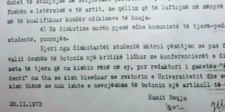 Letra për Hysni Kapon; “Rektori i Universitetit të Tiranës, Agim Mero, nuk lejoi që gazeta ‘Studenti’, të kritikonte konferencierët e Festivalit të 11-të dhe….”! Raporti i instruktorit Hamit Beqja, shkurt 1973