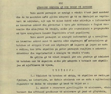 “Ndalohet të botohen në shtyp, të shpallen në radio, të dhëna të ndryshme që kanë të bëjnë me burimet minerare…”/ Udhëzimi i kryeministrit Mehmet Shehu, për ruajtjen e sekretit shtetëror, 14 dhjetor 1961