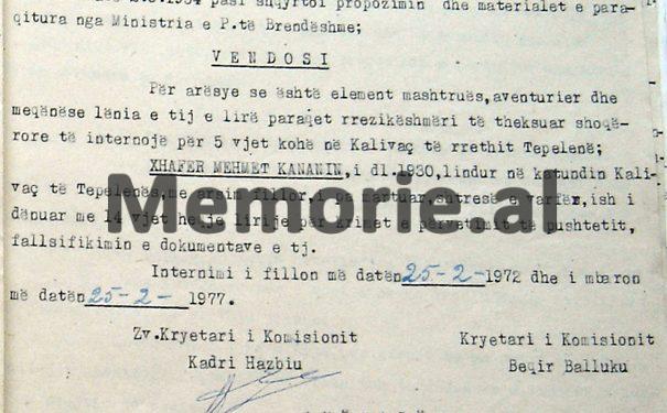 “Deda, i biri i Gjon Markagjonit, lindur në Orosh dhe me banim në sektorin Gjazë të rrethit të Lushnjes, t’i ndalohet qarkullimi në Tiranë, Durrës, Vlorë dhe…”/ Vendimi i Komisionit të Internim-Dëbimeve, shkurt ‘72