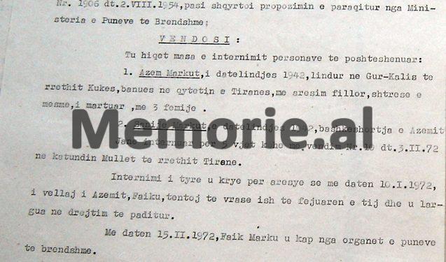 “Deda, i biri i Gjon Markagjonit, lindur në Orosh dhe me banim në sektorin Gjazë të rrethit të Lushnjes, t’i ndalohet qarkullimi në Tiranë, Durrës, Vlorë dhe…”/ Vendimi i Komisionit të Internim-Dëbimeve, shkurt ‘72