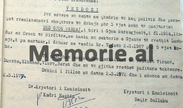 “Deda, i biri i Gjon Markagjonit, lindur në Orosh dhe me banim në sektorin Gjazë të rrethit të Lushnjes, t’i ndalohet qarkullimi në Tiranë, Durrës, Vlorë dhe…”/ Vendimi i Komisionit të Internim-Dëbimeve, shkurt ‘72