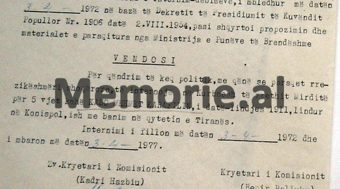 “Deda, i biri i Gjon Markagjonit, lindur në Orosh dhe me banim në sektorin Gjazë të rrethit të Lushnjes, t’i ndalohet qarkullimi në Tiranë, Durrës, Vlorë dhe…”/ Vendimi i Komisionit të Internim-Dëbimeve, shkurt ‘72