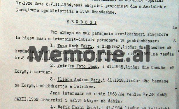 “Deda, i biri i Gjon Markagjonit, lindur në Orosh dhe me banim në sektorin Gjazë të rrethit të Lushnjes, t’i ndalohet qarkullimi në Tiranë, Durrës, Vlorë dhe…”/ Vendimi i Komisionit të Internim-Dëbimeve, shkurt ‘72