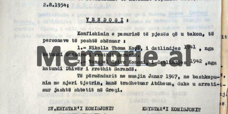 “T’i konfiskohet pasuria Jorgji Filip Ziut, banues në Durrës, pasi duke qenë me shërbim në Trieste të Italisë, arratiset nga Moto-Varka “Sazani” dhe…”/ Vendimet e Komisionit të Internim-dëbimeve, viti 1967