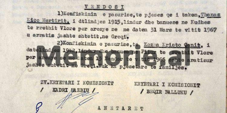 “T’i konfiskohet pasuria Jorgji Filip Ziut, banues në Durrës, pasi duke qenë me shërbim në Trieste të Italisë, arratiset nga Moto-Varka “Sazani” dhe…”/ Vendimet e Komisionit të Internim-dëbimeve, viti 1967