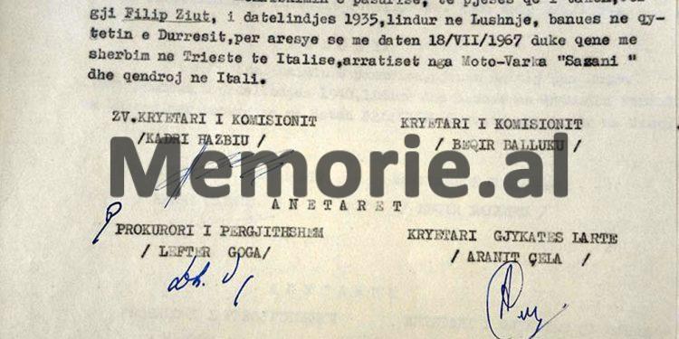 “T’i konfiskohet pasuria Jorgji Filip Ziut, banues në Durrës, pasi duke qenë me shërbim në Trieste të Italisë, arratiset nga Moto-Varka “Sazani” dhe…”/ Vendimet e Komisionit të Internim-dëbimeve, viti 1967