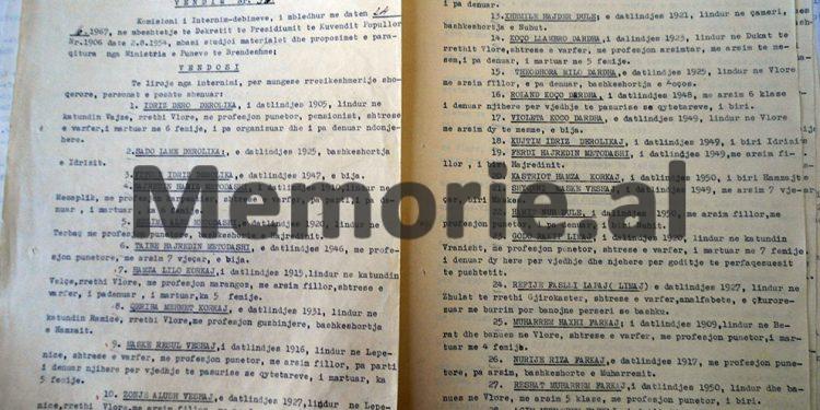 “Bektash Hamzai, banues në Vlorë, punëtor, pensionist invalid, shtresë e varfër, familje dëshmori, pa arsim, i martuar me 7 fëmijë…”/ Lista me 67 qytetarët vlonjat që iu hoq masa internimit në ’67-ën.