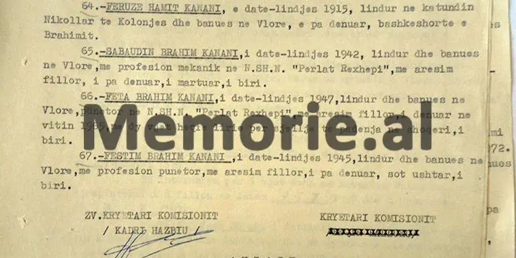 “Refije Hana Malaj (Koculi), 90 vjeç, lindur në Shkozë të rrethit Vlorë, me banim në Tiranë, është gruaja e Qazim Koculit, ish-eksponent i Ballit Kombëtar…”/ Vendimi i Komisionit Internim-Dëbimeve, viti 1967