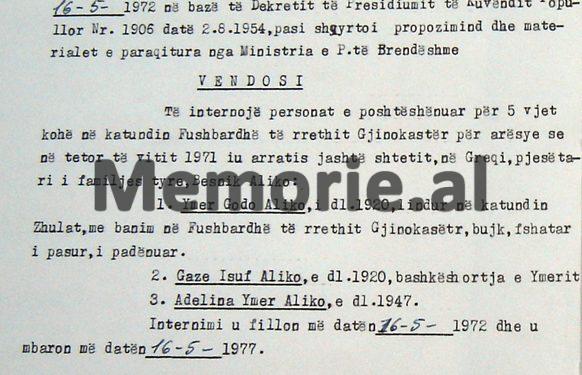 “Për arsye se në tetor 1971, u arratis jashtë shtetit, në Greqi, pjesëtari i familjes së tyre, Besnik Aliko, komisioni vendosi të internojë në katundin Fushë-bardhë të Gjirokastrës…”/ Zbulohen vendimet e vitit 1972