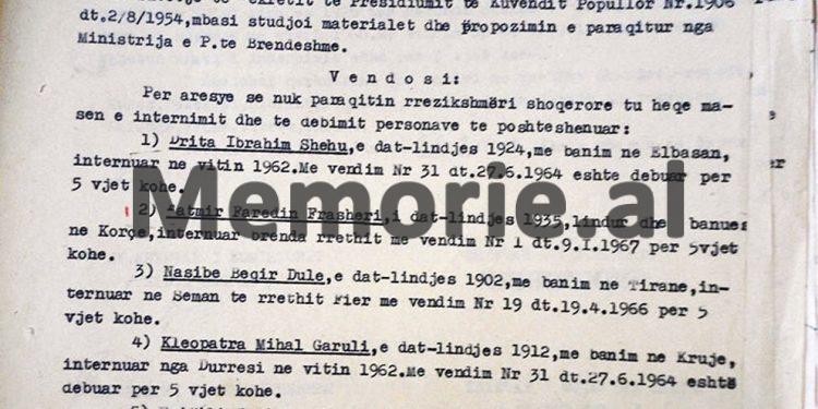 “Imer Spahiu nga Kolesjani, në 1948, u kap duke u arratisur në Jugosllavi, i vëllai, Neziri, në Francë, me aktivitet armiqësor, nipi Ramadani dhe kushëriri i tij, Lutfiu…”/ Vendimi i Komisionit Internim-Dëbimeve, viti 1967