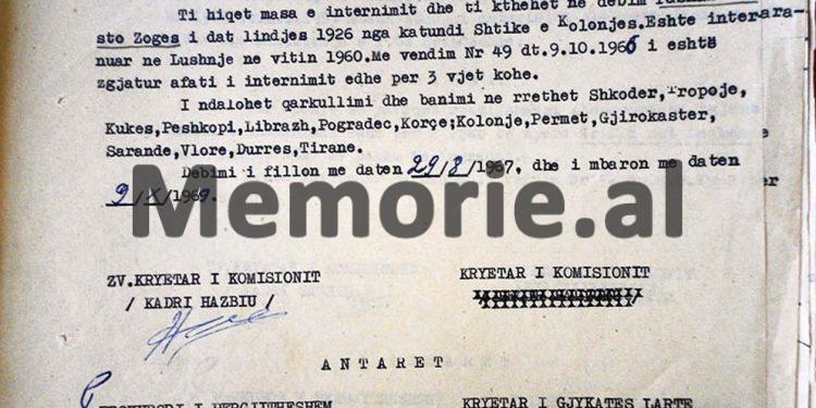 “Imer Spahiu nga Kolesjani, në 1948, u kap duke u arratisur në Jugosllavi, i vëllai, Neziri, në Francë, me aktivitet armiqësor, nipi Ramadani dhe kushëriri i tij, Lutfiu…”/ Vendimi i Komisionit Internim-Dëbimeve, viti 1967