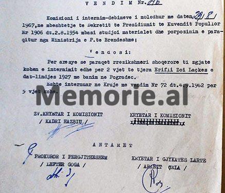 “Imer Spahiu nga Kolesjani, në 1948, u kap duke u arratisur në Jugosllavi, i vëllai, Neziri, në Francë, me aktivitet armiqësor, nipi Ramadani dhe kushëriri i tij, Lutfiu…”/ Vendimi i Komisionit Internim-Dëbimeve, viti 1967
