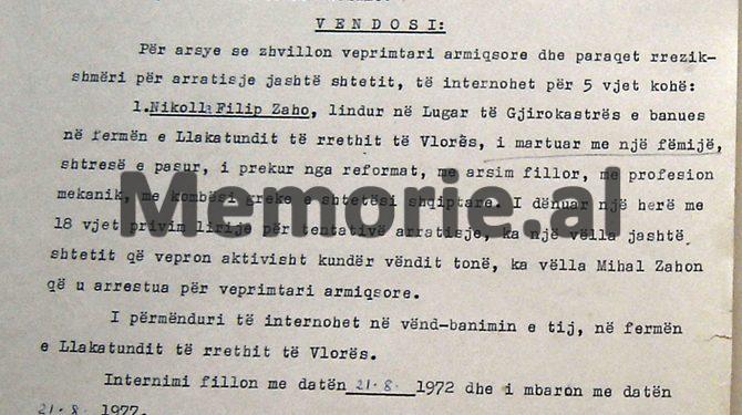 “Për arsye se në tetor 1971, u arratis jashtë shtetit, në Greqi, pjesëtari i familjes së tyre, Besnik Aliko, komisioni vendosi të internojë në katundin Fushë-bardhë të Gjirokastrës…”/ Zbulohen vendimet e vitit 1972