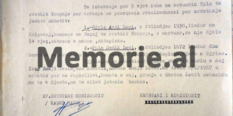 “Gjyla Leci nga Buçaj e Tropojës, ka të arratisur burrin e saj, Isuf Lecin, dhe kunatin, Shabanin, më pas u arratis në Jugosllavi kunata e saj, me 4 djemtë…”/ Vendimi i Komisionit Internim-Dëbimeve, viti 1967