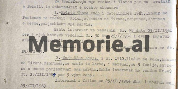 “Mark Ndue Ndoja, banues në Tiranë, nëpunës, me arsim të lartë, shtresë e mesme, përjashtuar nga Partia, i është zgjatur afati i internimit, edhe për…”/ Vendimi i Komisionit Internim-Dëbimeve, viti ‘67