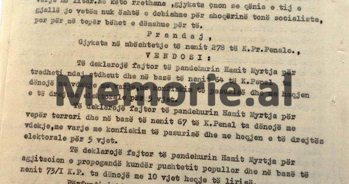 “Nga rrethanat e kryerjes së krimit, gjykata, çmon se qënia e tij gjallë, nuk është e dobishme për shoqërinë tonë socialiste, pasi…”/ Vendimi i Gjykatës së Lartë, për dënimin e Hamit Myrtja, nëntor 1976