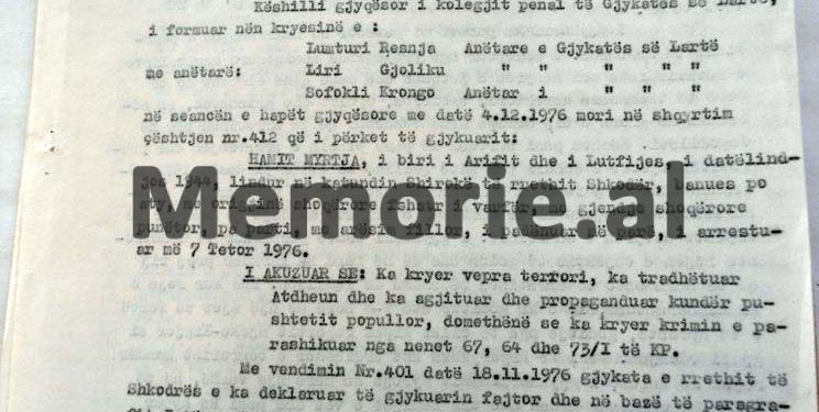 “Nga rrethanat e kryerjes së krimit, gjykata, çmon se qënia e tij gjallë, nuk është e dobishme për shoqërinë tonë socialiste, pasi…”/ Vendimi i Gjykatës së Lartë, për dënimin e Hamit Myrtja, nëntor 1976