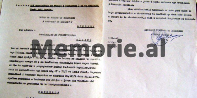 “I lartpërmenduri u ekzekutua në kohën dhe në vendin e caktuar e, fjalët e tij të fundit ishin…”/ Proces-verbali pushkatimit të Hamit Myrtja më 30.12.’76, nga hetuesi Sh.Ç., prokurori R.K. dhe zv.shefi Policisë, B.Sh