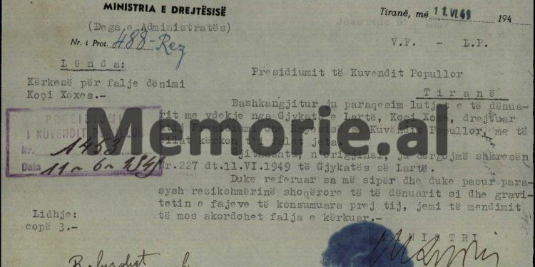 “Duke parë rrezikshmërinë shoqërore të të dënuarit, jemi të mendimit, të mos i akordohet falja e kërkuar…”! Zbulohet letra e Manol Konomit, për pushkatimin e Koci Xoxes, 11 qershor 1949