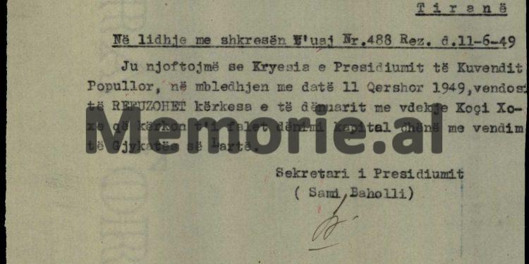 “Kur Prokurori i tha, a kishte ndonjë porosi për të lënë, dënuari përgjigjet: S’kam gjë, të rrojë Partia, Republika dhe Stalini. Mua më gjykoi dhe më dënoi…”! / Fjalët e fundit të Koci Xoxes, para pushkatimit, 11 qershor ‘49