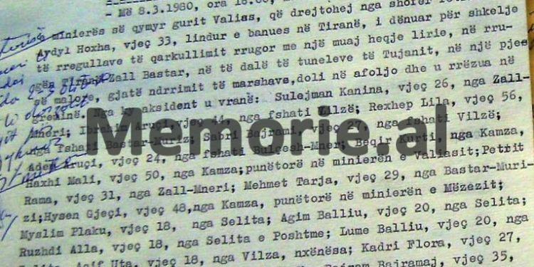 “Nga të burgosurit e Bulqizës, helmimi te Metalurgjiku Elbasanit dhe eksplozivi në Lezhë, te aksidenti në Zall-Bastar, ku vdiqën…”! / Ngjarjet e panjohura të vitit 1979-’80, ku vdiqën 55 veta! (faksimilet me emrat)